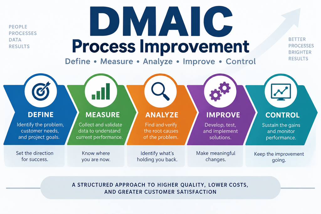 DMAIC process improvement infographic showing the five Six Sigma phases—Define, Measure, Analyze, Improve, and Control—for solving process problems, reducing variation, and sustaining improvements.
