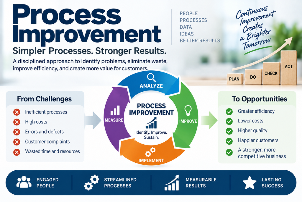 DMAIC process improvement infographic illustrating a structured approach to analyzing problems, measuring performance, improving processes, reducing waste, and sustaining better business results.