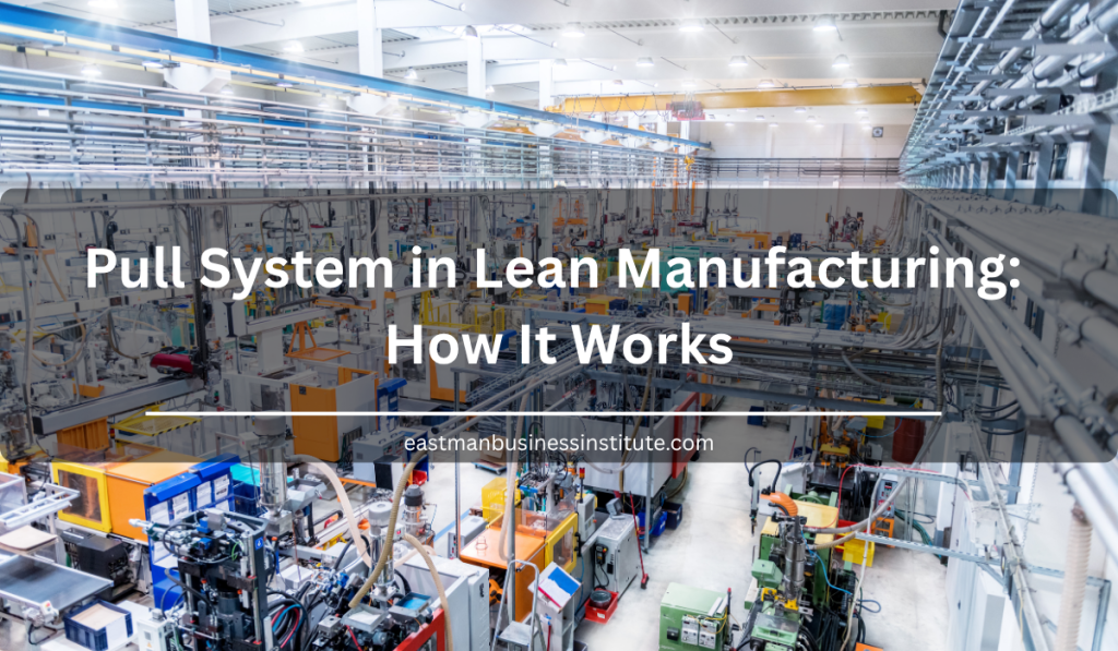 Pull System in Lean Manufacturing graphic showing a factory production environment where demand-driven replenishment controls the flow of materials and work.