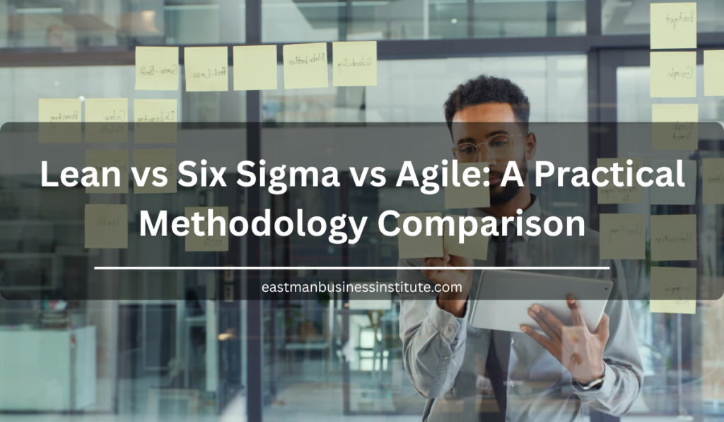 Lean vs Six Sigma vs Agile methodology comparison graphic showing visual workflow planning and iterative process improvement in a business environment.