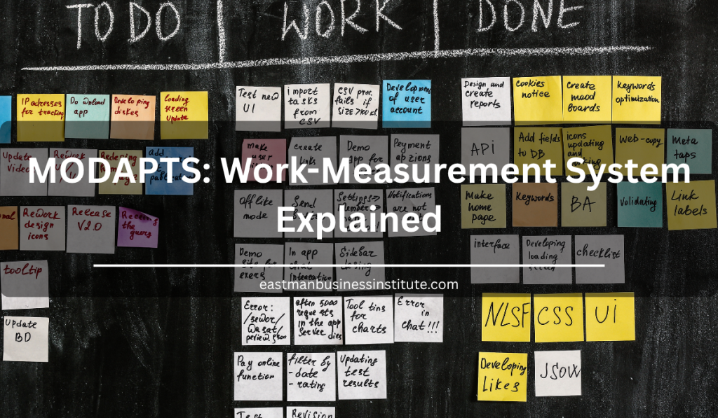 MODAPTS Work-Measurement System Explained graphic featuring a visual task-management board used to organize and analyze work activities.