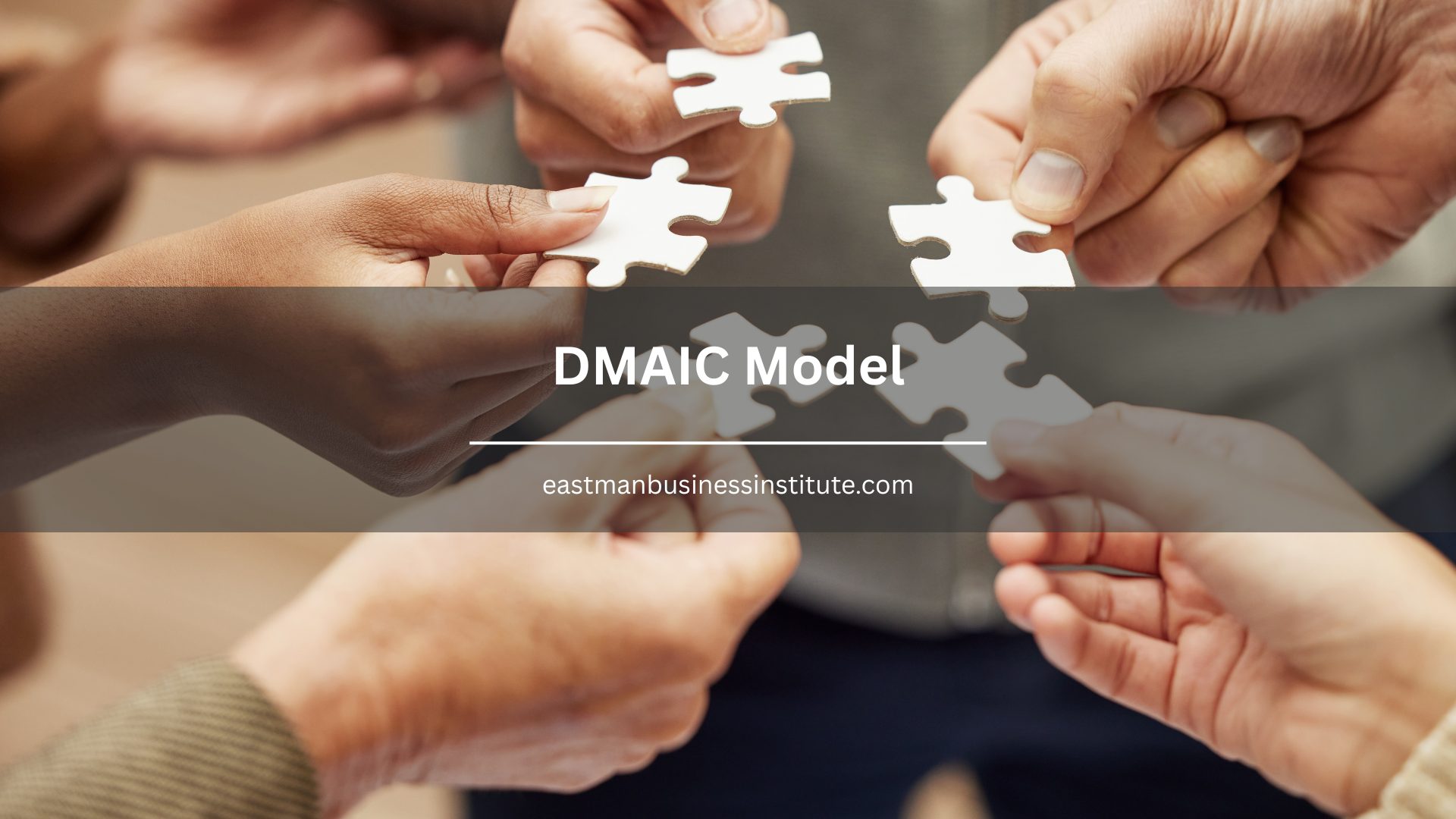Team members working together like puzzle pieces to illustrate the collaborative steps of the DMAIC model in Lean Six Sigma.