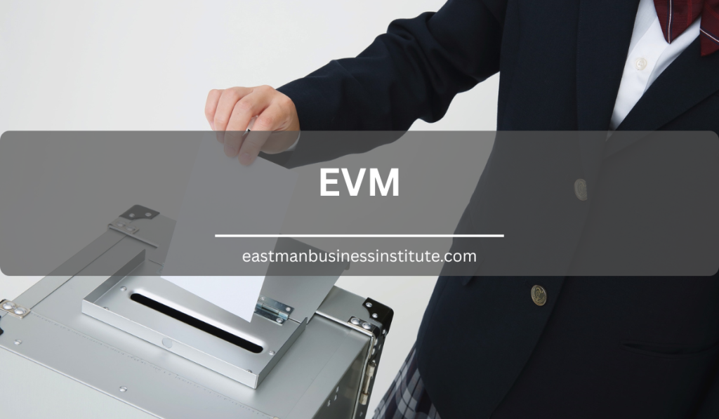 Person casting a ballot into an electronic voting machine, representing EVM technology and the modern voting process.