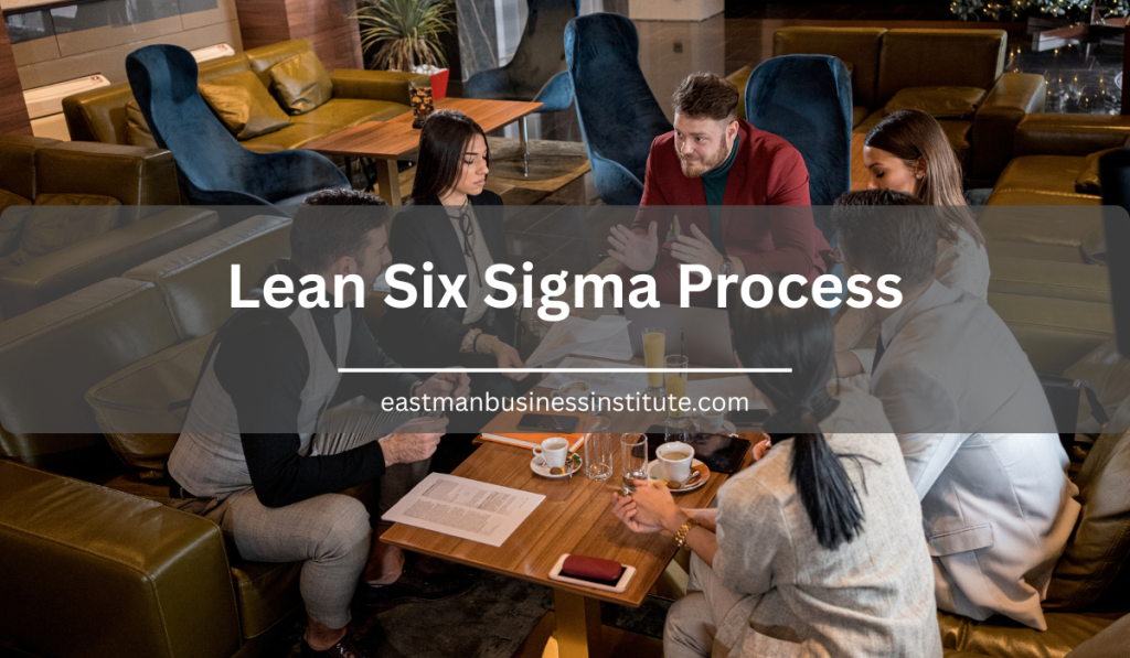 Business team discussing strategies and solutions during a collaborative Lean Six Sigma process improvement meeting.