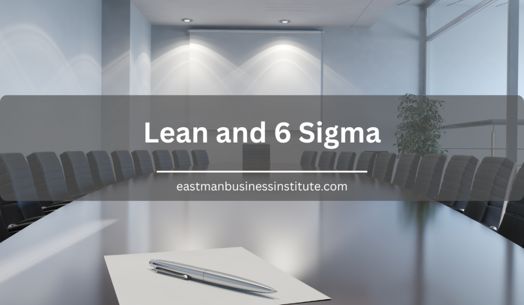 Modern conference room featuring Lean and 6 Sigma branding for business process improvement and quality management.