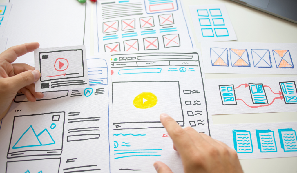 Paper website wireframes and interface prototypes used to compare options and outcomes in a Payoff Matrix analysis.