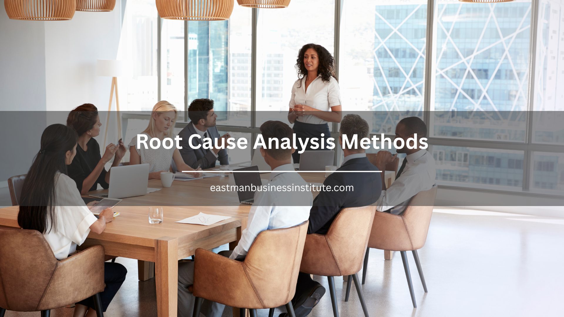 Corporate professionals discussing root cause analysis methods during a collaborative business meeting to improve processes.