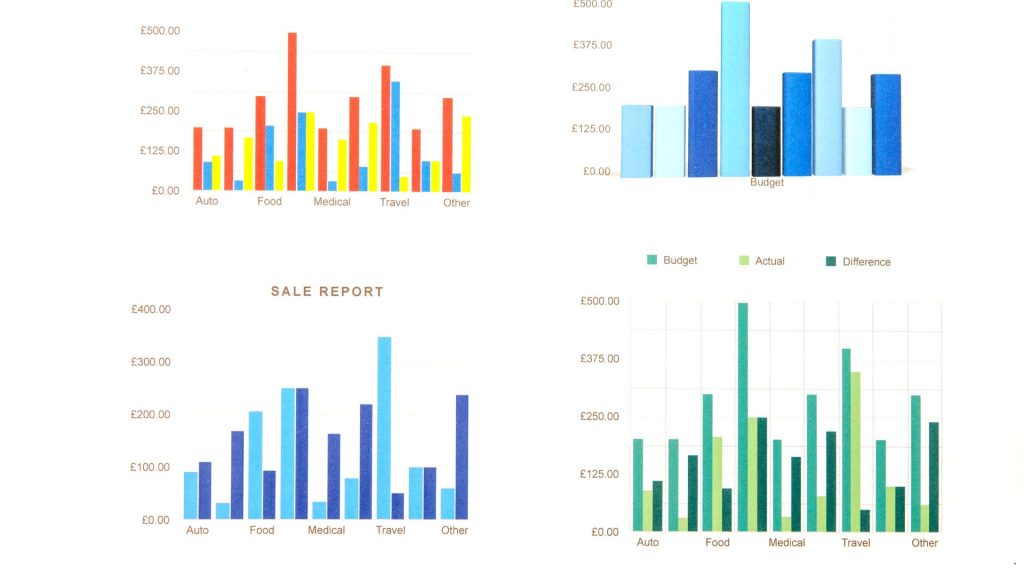 SPC chart report featuring budget comparison bar graphs and sales performance data visualization.