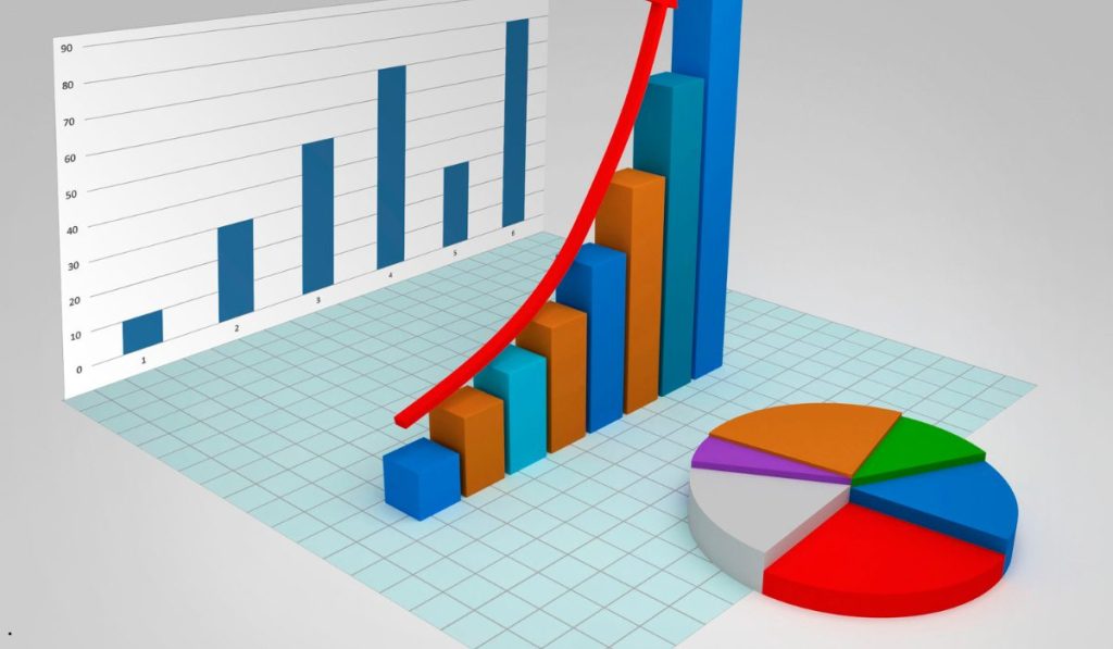 3D business charts and graphs illustrating data analysis concepts related to a left skew graph and statistical visualization.