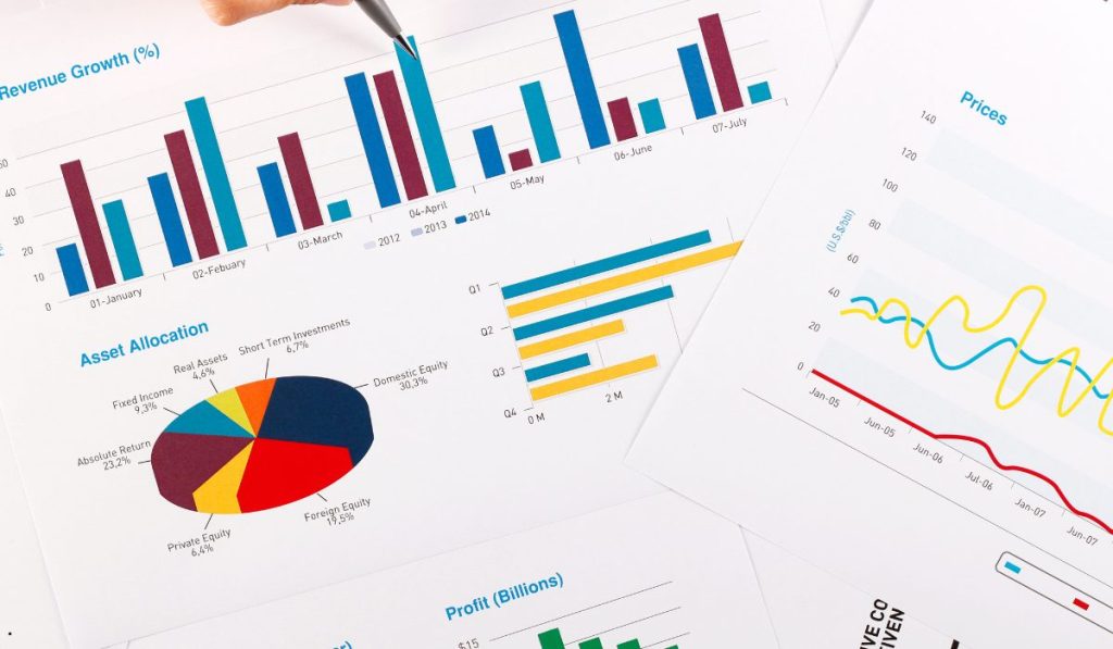 Business charts, bar graphs, pie charts, and trend lines representing F Value ANOVA data analysis and statistical comparison.