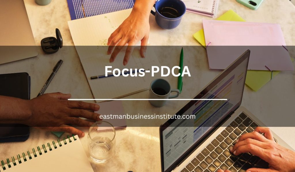 Featured banner illustrating the Focus-PDCA methodology with a collaborative workspace, planning notes, and project management tools.