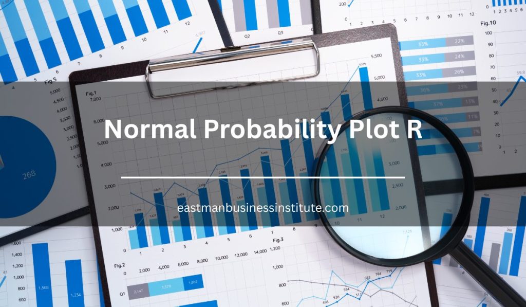 Clipboard with statistical graphs and magnifying glass representing Normal Probability Plot R analysis, data visualization, and probability distribution.