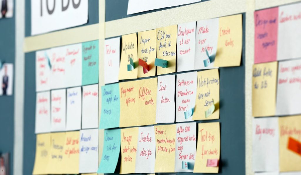 Kanban task board illustrating Process Cycle Time by tracking work items through each stage of a workflow.