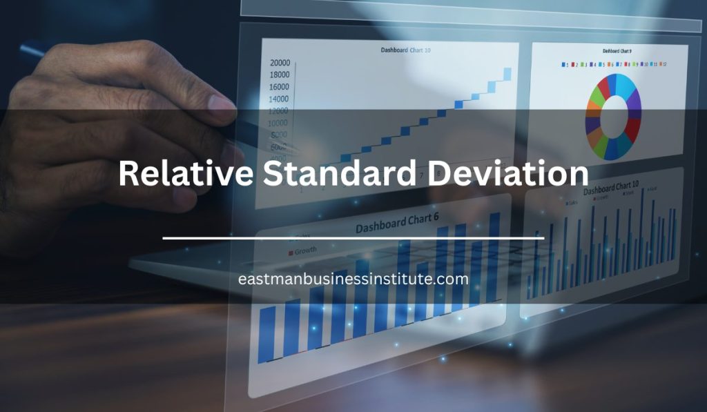 Relative Standard Deviation concept banner featuring analytics dashboards and statistical data visualization.