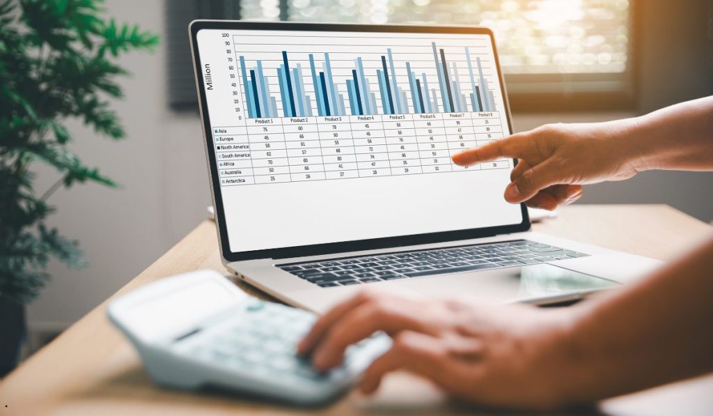 Analyst examining charts on a laptop to compare data variability using relative standard deviation.