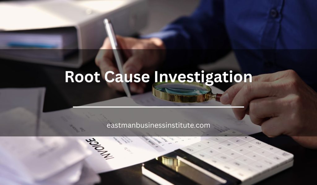 Magnifying glass highlighting business documents during a root cause investigation focused on identifying the true source of operational problems.