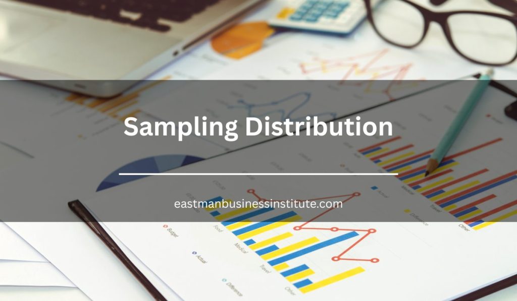 Sampling Distribution title banner featuring statistical charts, graphs, and data analysis concepts.