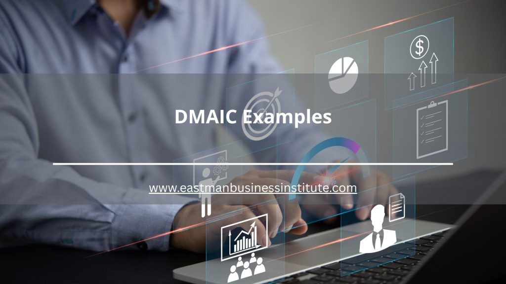 DMAIC examples dashboard illustrating the Define, Measure, Analyze, Improve, and Control methodology for data-driven business process improvement.