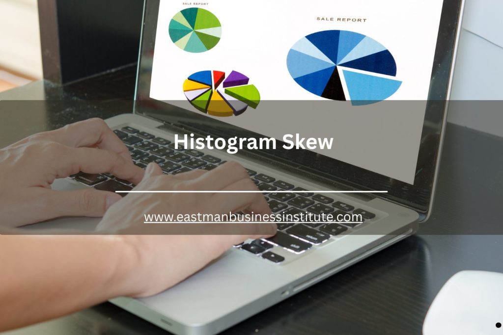 ALT text illustrating histogram skew analysis on a laptop screen with pie charts and statistical reporting graphics.