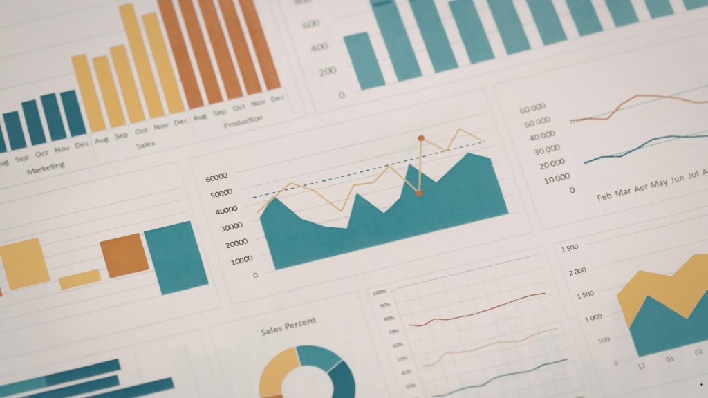 Business dashboard featuring trend lines, bar charts, and performance metrics used in Normality Statistics analysis.