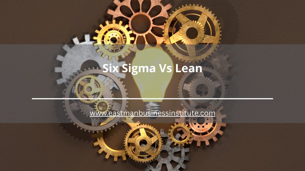 Six Sigma vs Lean comparison featuring interconnected gears and innovation concepts representing operational excellence, efficiency, and continuous improvement methodologies.