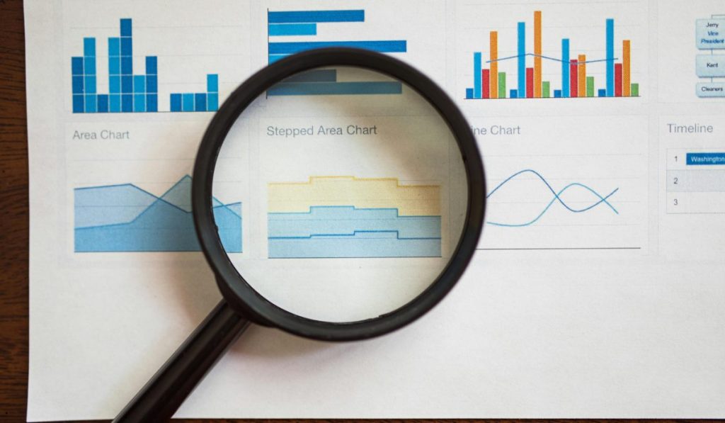 Magnified statistical charts representing a skewed histogram, emphasizing the shape and spread of skewed data values.
