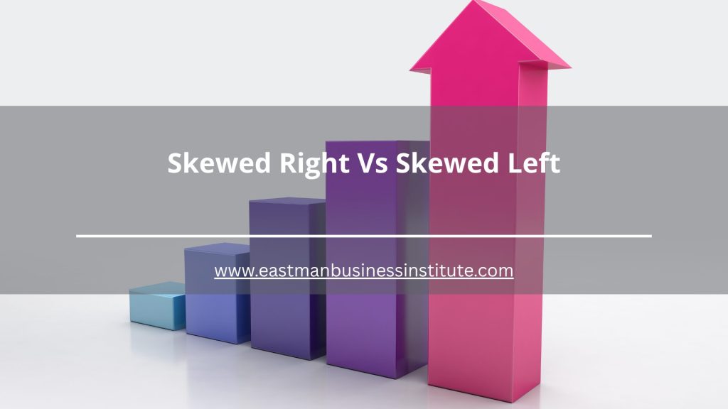 Skewed Right vs Skewed Left concept represented by ascending bars and directional growth, highlighting differences between positively and negatively skewed statistical distributions.