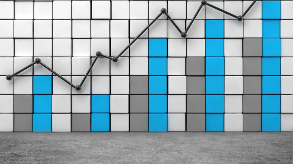 Blue bar and line graph visualization demonstrating a skewed to the right histogram with increasing values and right-tail distribution.