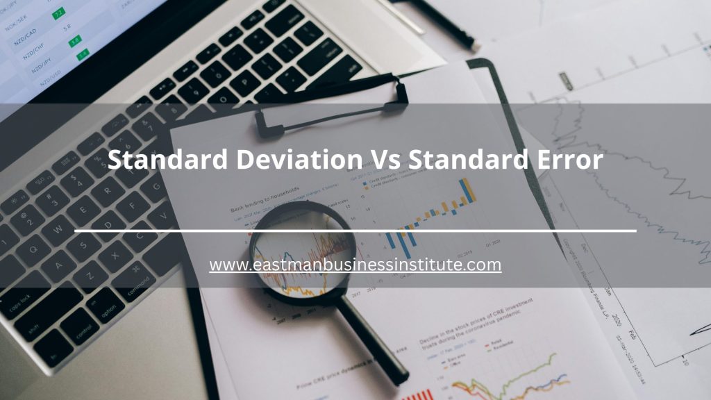 Magnifying glass examining statistical reports and trend data to explain Standard Deviation vs Standard Error and measurement accuracy.