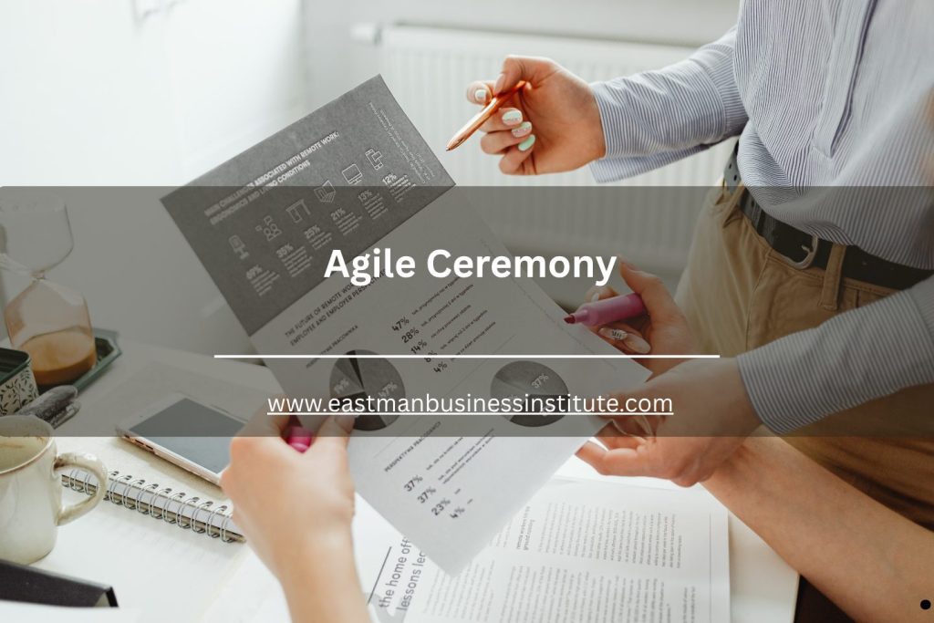 Colleagues reviewing printed reports with “Agile Ceremony” text overlay for the agile ceremony topic.
