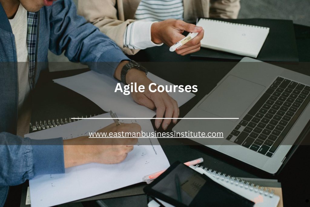 Agile courses banner featuring collaborative Agile team training, project planning, and Scrum certification learning session.