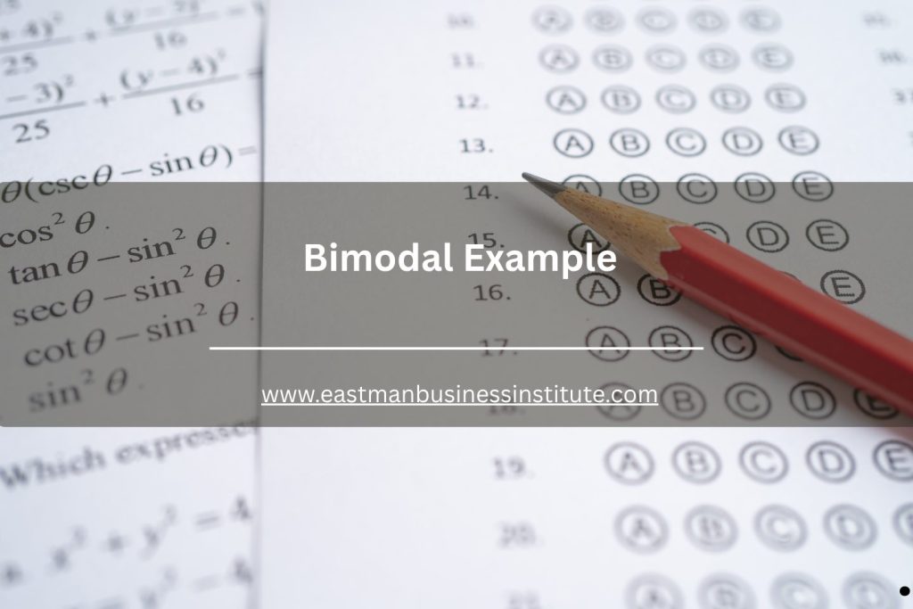ALT text for Bimodal Example presentation slide featuring a multiple-choice test sheet and statistical distribution example.