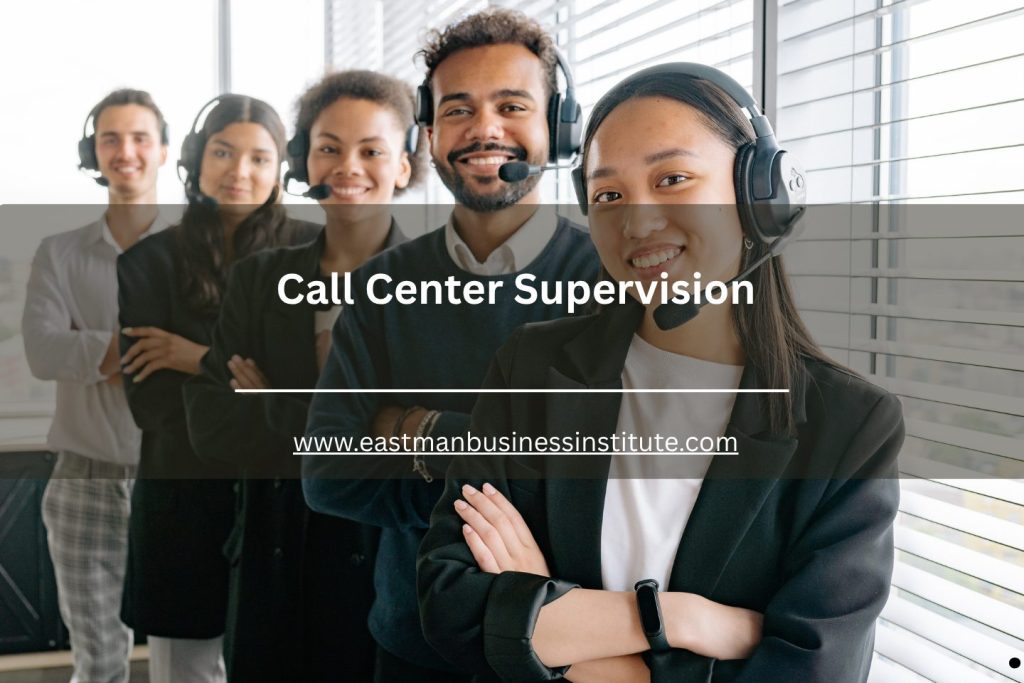 Diverse call center supervision team posing confidently in a corporate customer service environment.
