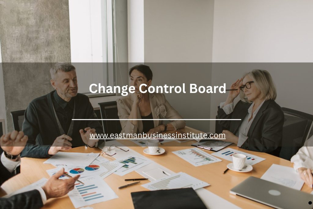 Corporate leadership team analyzing project documentation and strategic decisions in a Change Control Board management session.
