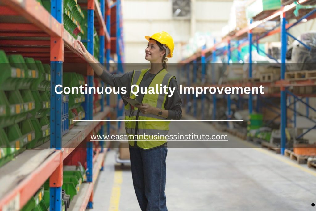 Warehouse worker inspecting organized inventory shelves in a logistics facility representing Continuous Quality Improvement in warehouse management and operational excellence.