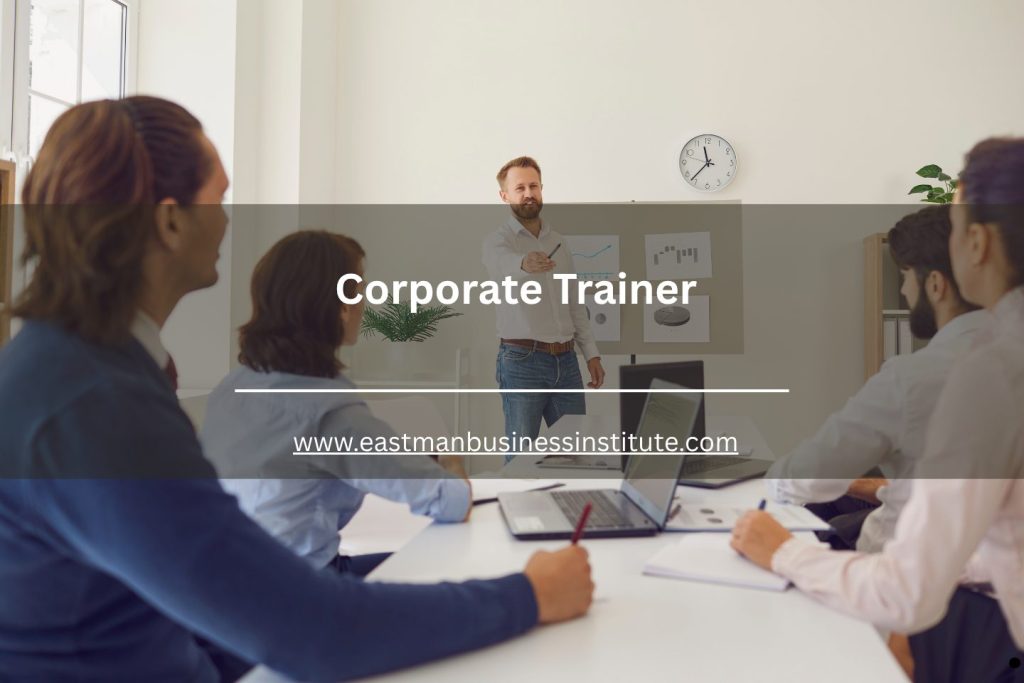 Corporate trainer promotional banner featuring a professional conducting workplace training and team instruction.