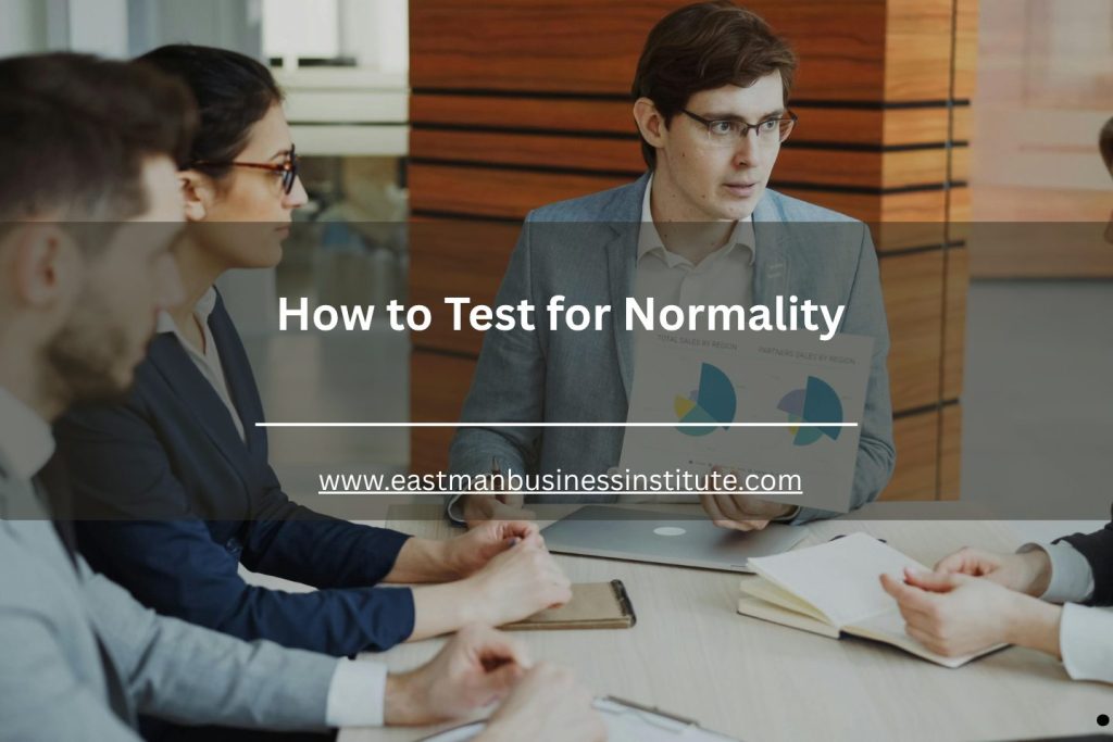 Team meeting discussing statistical reports and distributions related to how to test for normality in business analytics.