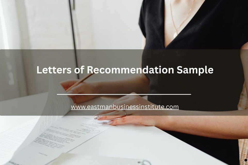 Woman reviewing and signing paperwork with “Letters of Recommendation Sample” text overlay for a letters of recommendation sample topic.