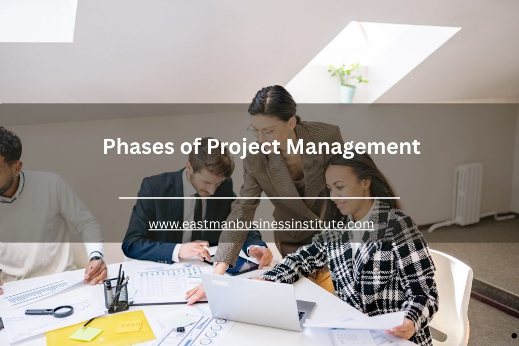 Corporate team analyzing reports and coordinating tasks during the different Phases of Project Management for successful project delivery.