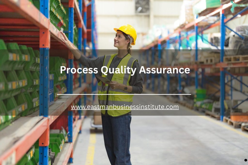 Process quality assurance worker inspecting organized warehouse inventory shelves while holding a digital tablet.