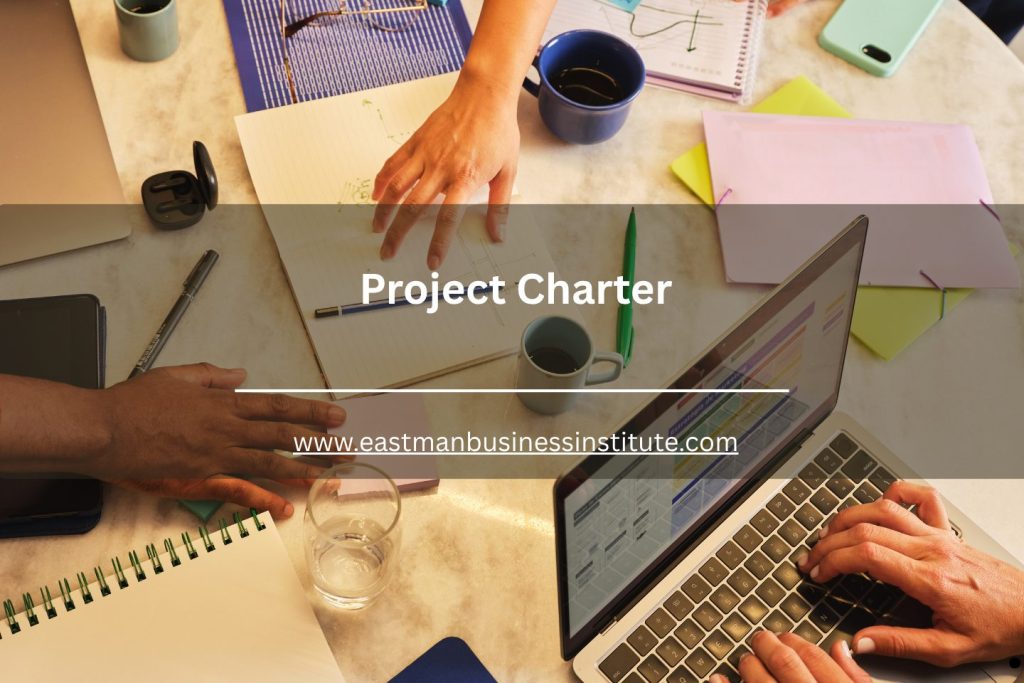 Project charter promotional banner featuring collaborative project planning, scheduling, and business documentation activities.