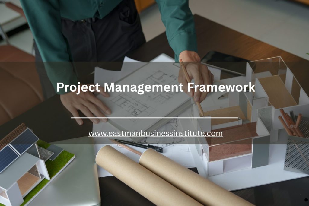 Architect reviewing blueprints and building models while demonstrating a Project Management Framework for construction planning and execution.