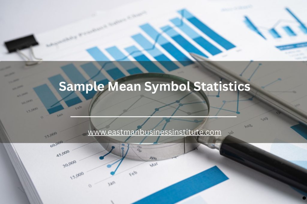 ALT text for Sample Mean Symbol Statistics presentation slide featuring graphs, charts, and magnified statistical data analysis.