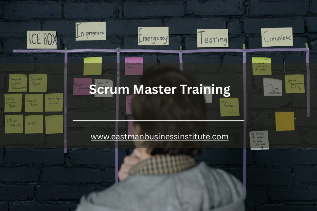 Scrum master training board displaying agile workflow stages, sprint tasks, and project management processes.