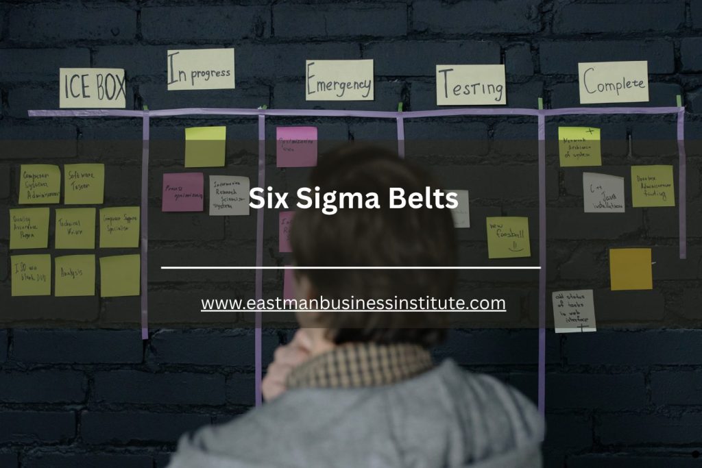 Six Sigma belts promotional banner featuring a Kanban-style workflow board used for process management and continuous improvement.