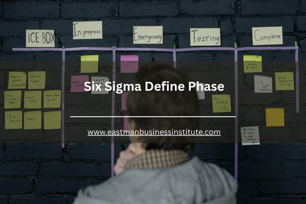 ALT text illustrating a Six Sigma Define Phase project board with workflow stages, task tracking, and process management notes.