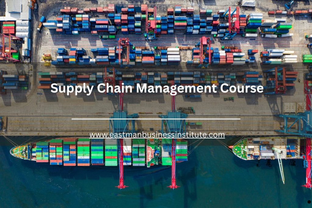 Cargo port with shipping containers and freight vessels representing a Supply Chain Management Course focused on international trade and supply chain logistics.