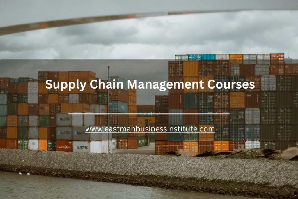 Stacked shipping containers at a logistics hub representing Supply Chain Management Courses focused on supply chain operations and distribution management.