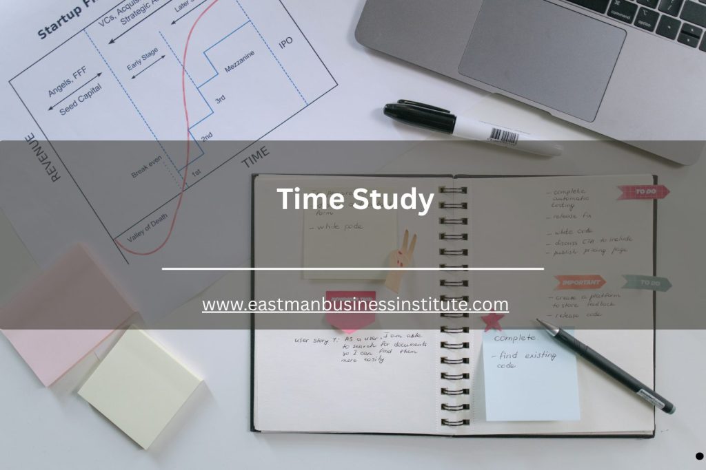 Organized workspace with charts, notes, and planning materials representing a Time Study process focused on efficiency analysis and time management improvement.