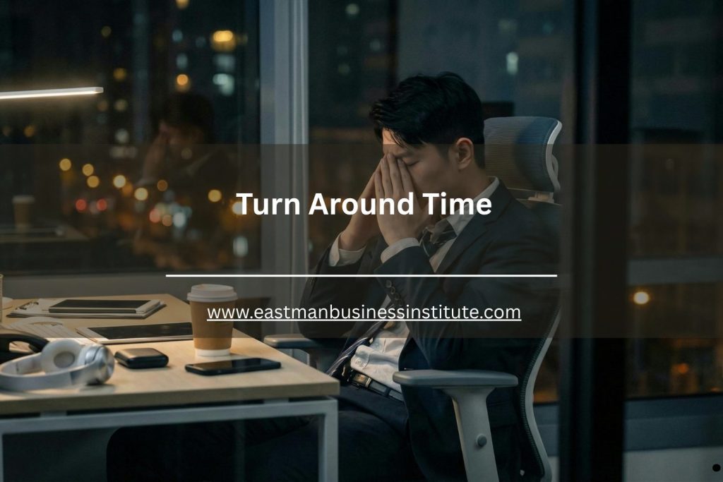 Turn around time concept showing an exhausted office worker managing deadlines and operational pressure during late-night business operations.